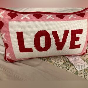 NWT -LOVE- Needlepoint Decorative Pillow Pink/Red/White Valentine's Day